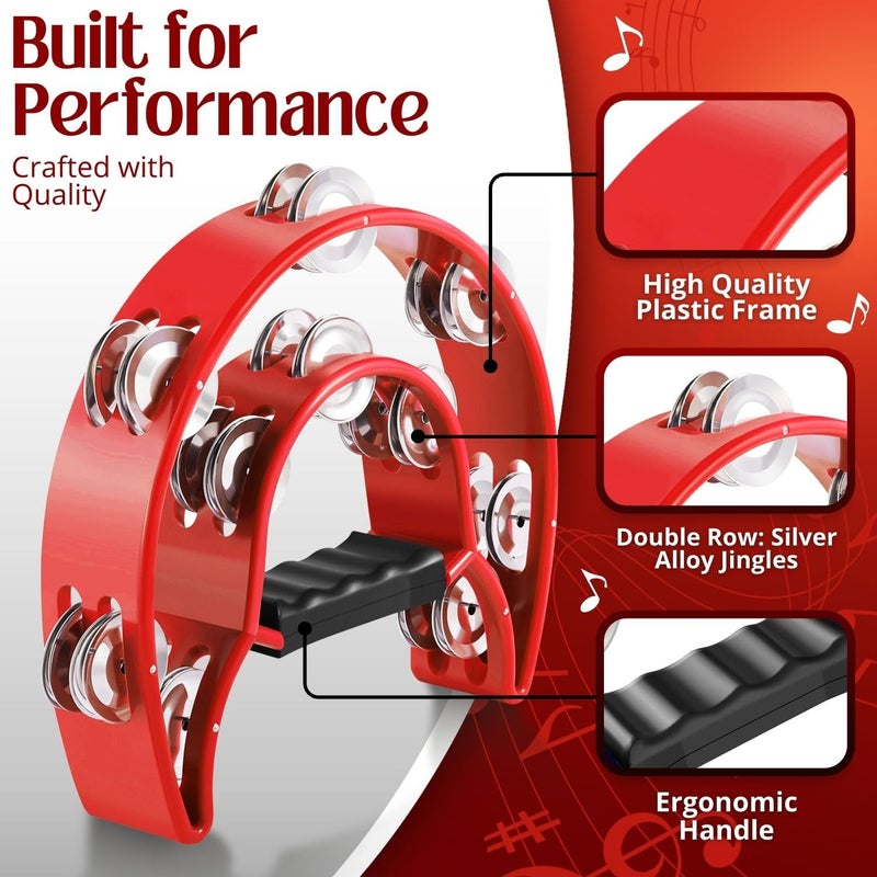 Flexzion Tambourine Metal Half Moon Musical Instruments Double Row Metal Jingles Hand Held Instruments Percussion with Ergonomic Handle Grip, Tambourines for Adults, 2 Packs - Red - Image 3